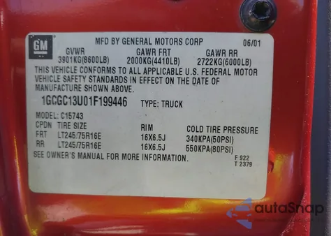 2001 Chevrolet Silverado 1500Hd Ls z USA, uszkodzony, nr VIN 1GCGC13U01F199446